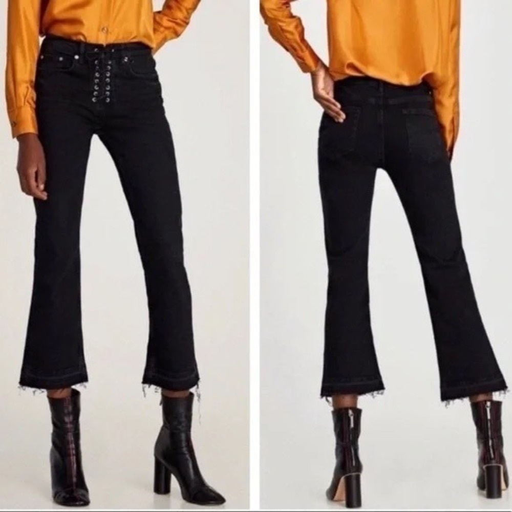 Zara Black High Rise Lace Up Fly Crop Released Raw Hem Flare Jeans, Size 10